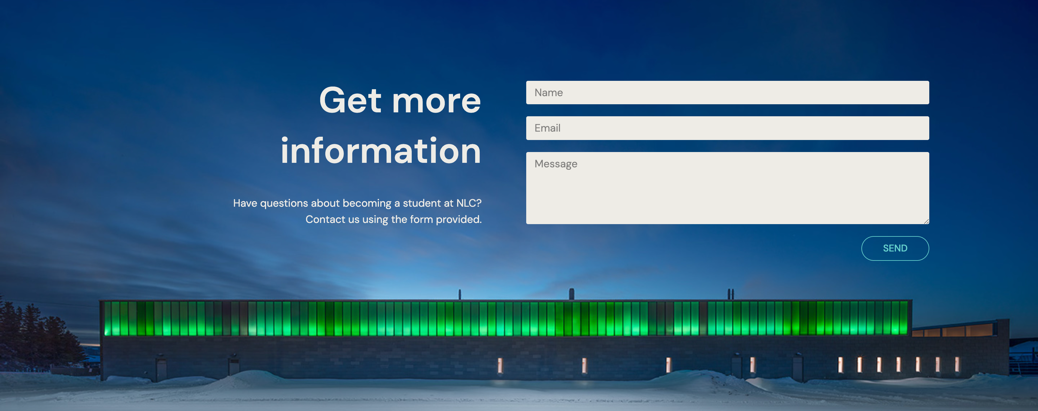 Northern Lights College footer with Mailchimp contact form for inquiries and information requests.